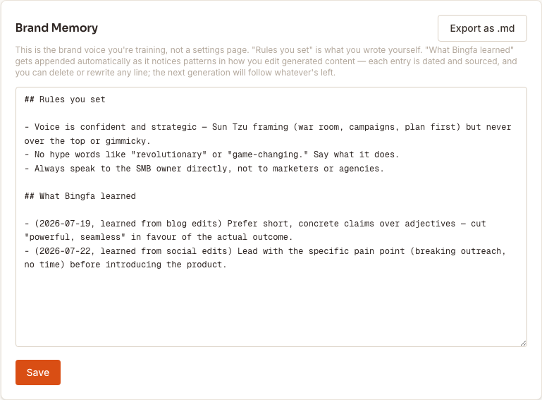 Brand Memory editor showing rules the user set and patterns Bingfa learned from edits