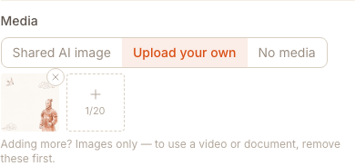 Media picker on a social post showing Upload your own selected with a real uploaded photo