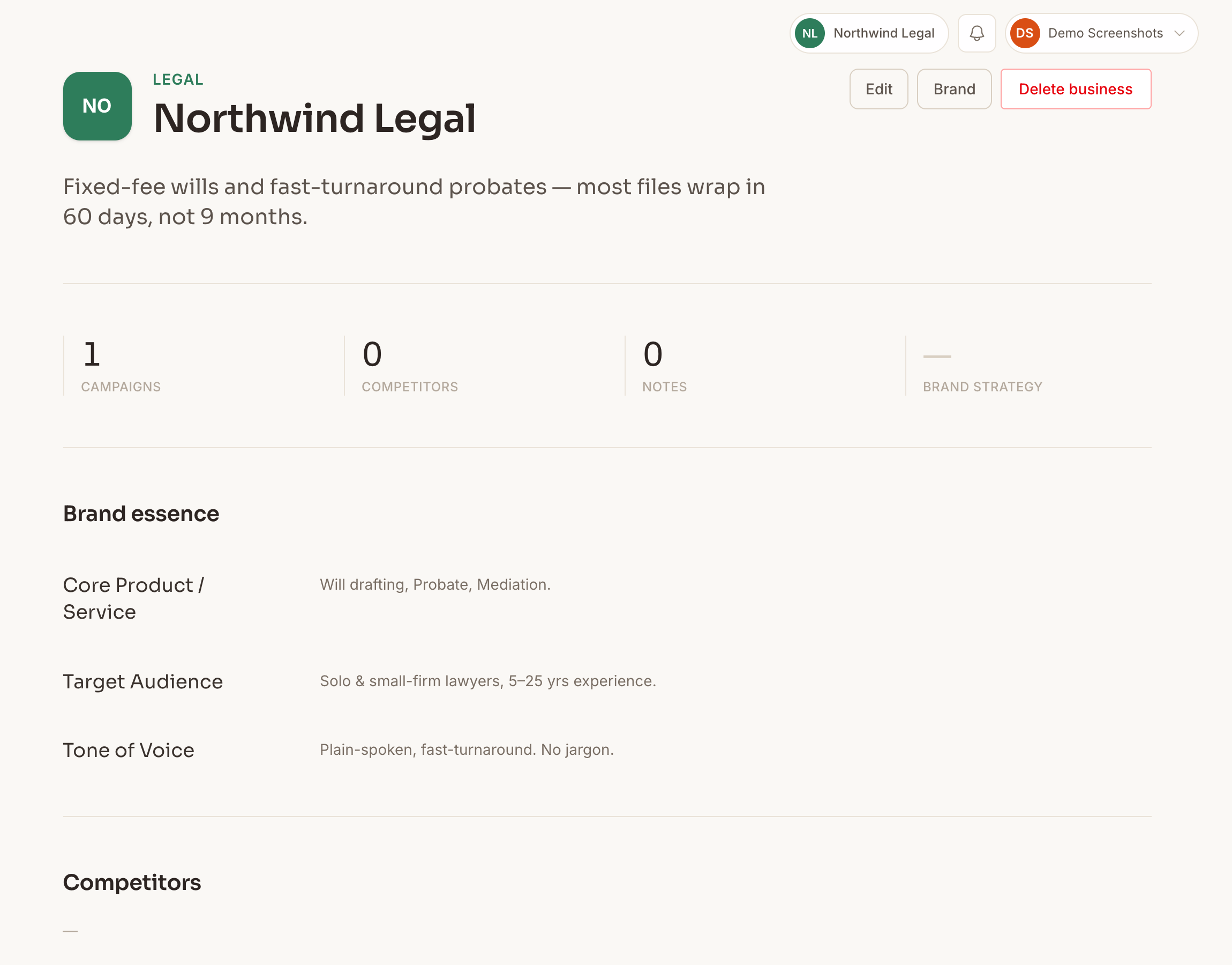 Bingfa brand detail — Northwind Legal with brand essence, voice traits, audience, products and competitor signals
