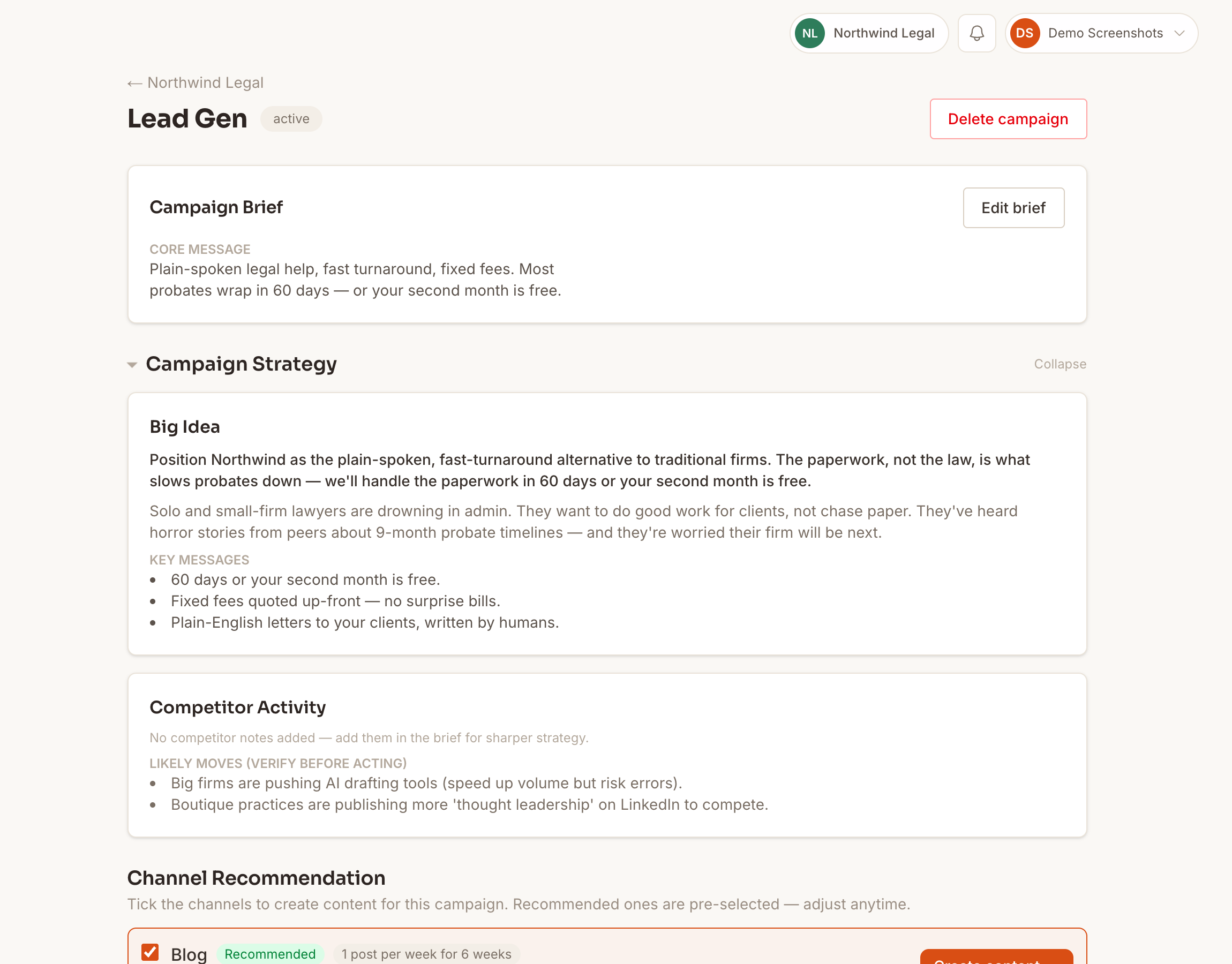 Bingfa campaign view — Lead Gen with brief, big idea, key messages, competitor activity and channel recommendations