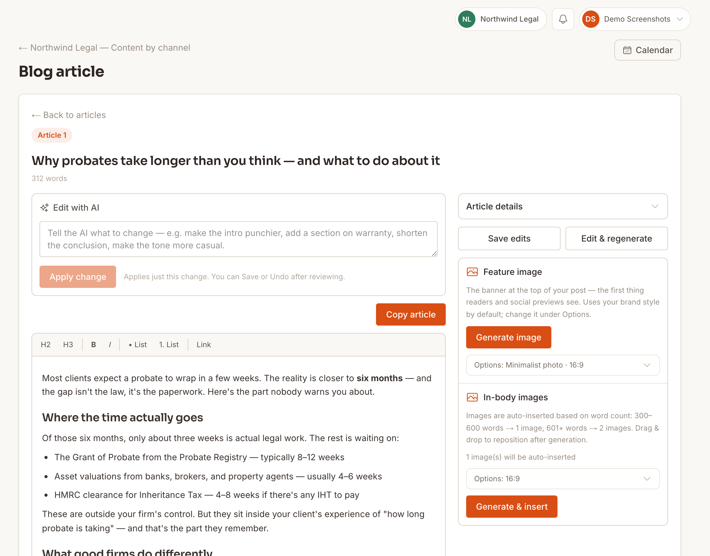 Bingfa blog editor — generated probate article with Edit-with-AI panel, body content and in-body image tools