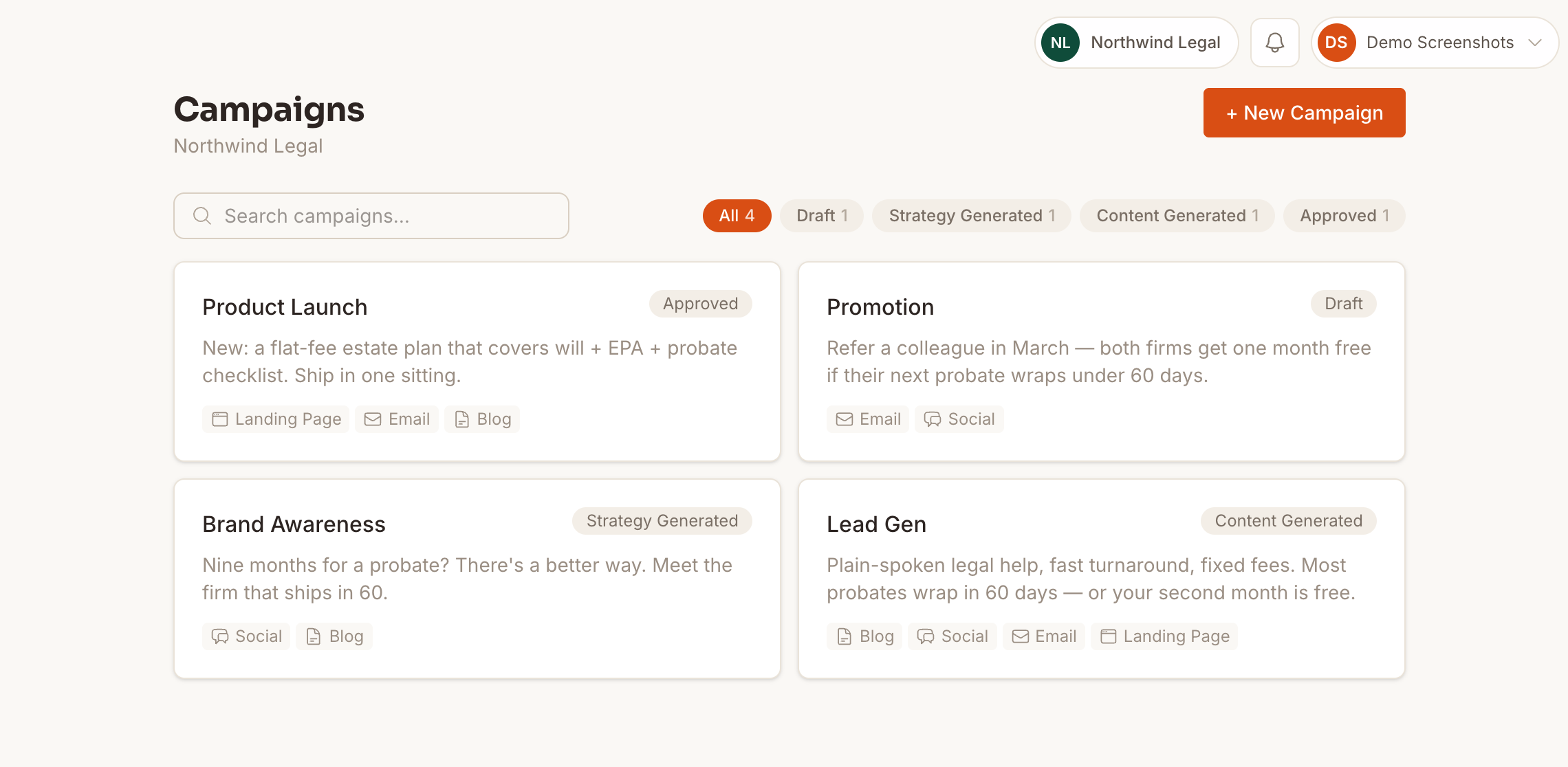 Bingfa campaigns dashboard for Northwind Legal showing four parallel campaigns in different stages — Approved, Draft, Strategy Generated, Content Generated — across blog, email, social, and landing page channels.