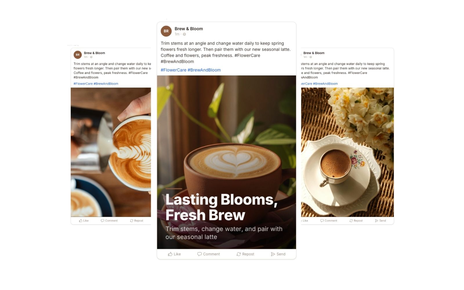 Three social cards from Brew & Bloom — the centre card shows brand fonts applied to a coffee photograph, demonstrating Bingfa's on-brand image generation.