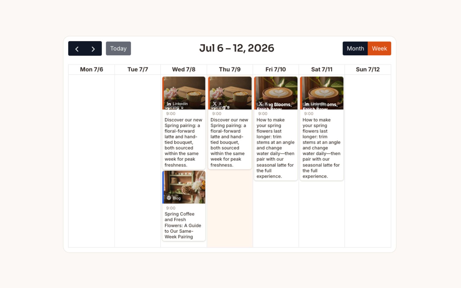 Weekly calendar view (Jul 6–12, 2026) showing five scheduled posts across LinkedIn, X and Blog on Wed–Sun, demonstrating the approve-and-schedule workflow.